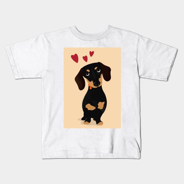 Cute Cartoon Dachshund with Three Red Hearts Kids T-Shirt by NattyDesigns